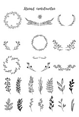 Floral hand draw black and white constructor. Floral elements for your design. Frames, dividers. Vector illustration.