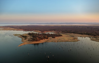 Lake Kariba in Zimbabwe, Africa. Landscape from the air, trees in the water, crocodiles and...