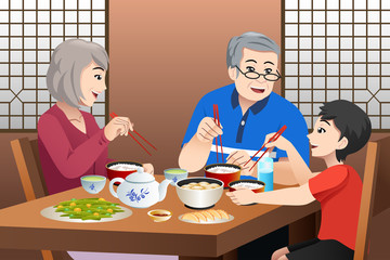 Chinese Kid Eating With His Grandparents Illustration