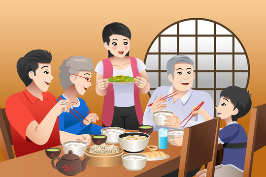 Chinese Family Eating Together at Home Illustration