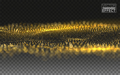 Gold Magic Glitter. 3d Wave Shaped Array of Blended Points. Gold Glittering Star Dust Trail Sparkling Particles. Vector Transparent Background