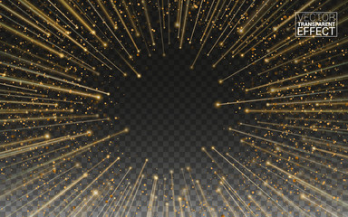 Design of star burst explosion frame on transparent background. Light and stripes moving fast over dark background with ray sparkles. Hyperspace warp jump. Vector effect