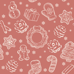 Seamless background with Christmas coffee time themed items. Vector pattern.