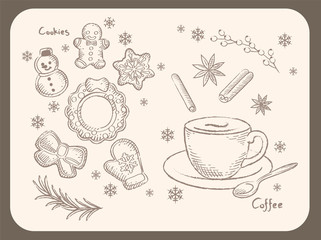 Wintertime and Christmas cookies and hot coffee. Vintage style vector illustration for menu, poster or other use.