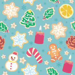 Seamless background with Christmas cookies. Vector pattern.