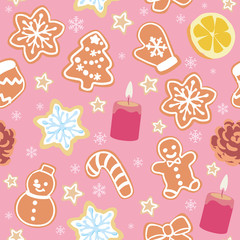 Seamless background with Christmas cookies. Vector pattern.