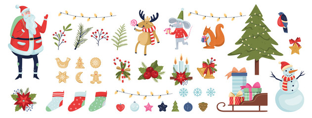 Cute christmas icon set. Collection of new year decoration stuff.