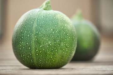 Small green zucchini on the background of vegetable marrow in a blur.