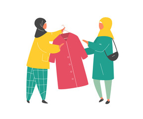 Muslim Woman in hijab shopping in clothes store. Flat design vector.