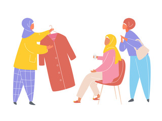 Obraz na płótnie Canvas Muslim Woman in hijab shopping in clothes store. Flat design vector.