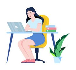 Woman with laptop computer. Character sitting at the desk