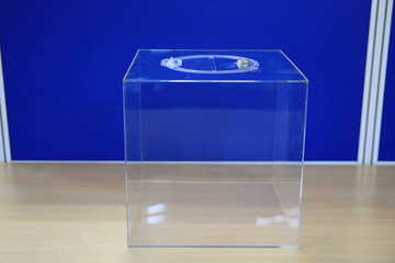 Clear Acrylic box, Clear lucky draw box  on wooden table