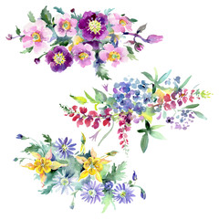 Obraz na płótnie Canvas Bouquet floral botanical flowers. Watercolor background illustration set. Isolated bouquets illustration element.