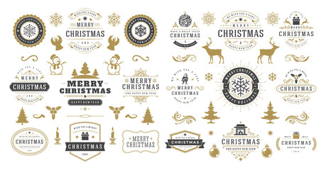 Christmas and happy new year wishes labels and badges set vector illustration