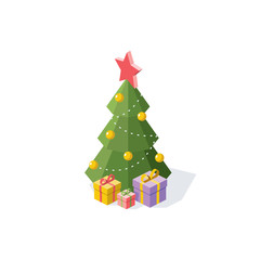 Christmas tree isometric gifts. Vector 3d isometric, color web icon, new flat style. Creative illustration design, idea for infographics.