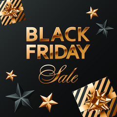 Vector gifts covered with black and gold striped paper with golden bows on black background. Black friday sale golden lettering and black and gold stars. Square banner or social network post template.
