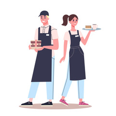 Waiter and waitress standing. Restaurant staff in the uniform