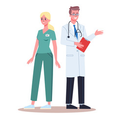 Medical workers in uniform with equipment, doctor and nurse