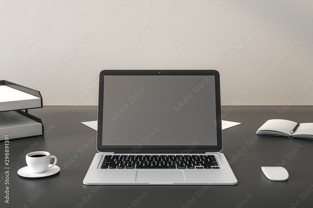 Poster Creative designer desktop with empty notebook