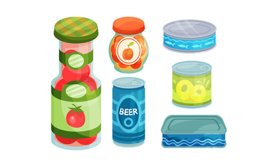 Set of canned products in cans and bottles. Vector illustration.