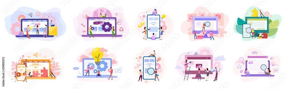 Poster set of website development banner. web page programming