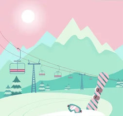 Peel and stick wallpaper Mountains Winter snowy landscape with Ski equipment snowboard and ski goggles, lift, trail, Alps, fir trees, sunny weather, mountains panoramic background. Ski resort season is open. Winter web banner design.