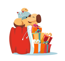 Pets cat, dog, hamster sleeps comfortably on Red Santa Claus bag with christmas presents on white background. Multicolored gift boxes are decorated with bows. Flat cartoon style illustration.