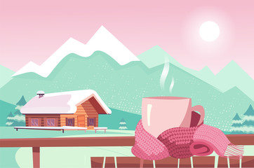 Pink Teacup tied with magenta scarf on table isolated on background of mountain view. Warm and cozy Christmas. Cafe in ski resort overlooking chalets and mountain peaks, slopes. Flat illustration