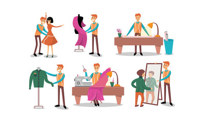 Naklejka premium Man tailor works. Vector illustration on a white background.