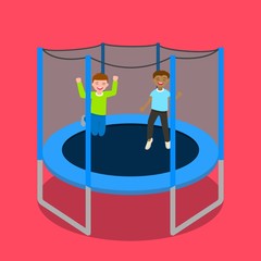 Kids jumping in trampoline concept banner. Flat illustration of kids jumping in trampoline vector concept banner for web design