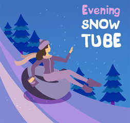 cartoon flat girl in hat sledging along the slope with fir trees at inflatable tube, snowtubing outdoors in winter at evening. Young woman sledding on snow rubber tube. Winter activity