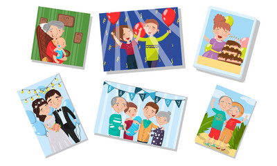 Family Photography Archive Vector Illustrations Set. Happy Photos With Family Members