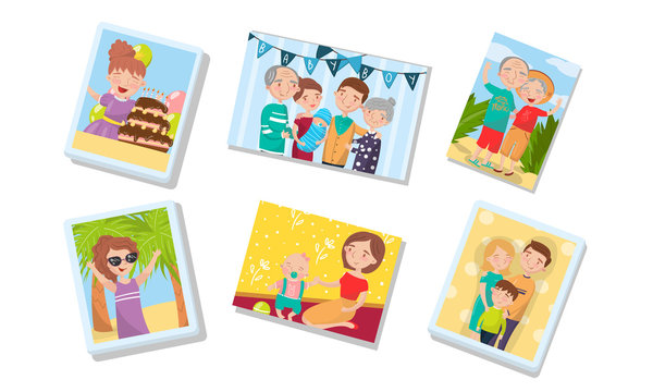 Family Photography Archive Vector Illustrations Set. Happy Photos With Family Members