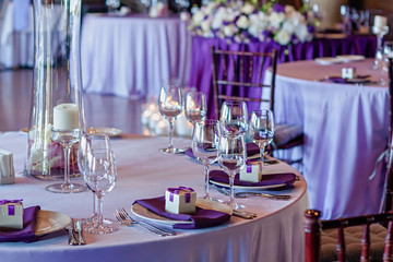 Table set for the festive event Purple tablecloths