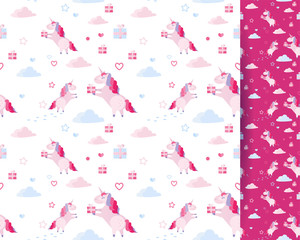 Cute seamless pattern unicorn, clouds, hearts, gift boxes on white background. Holiday template for St Valentines day with festive flat cartoon elements. Wrapping, fabric, print design.
