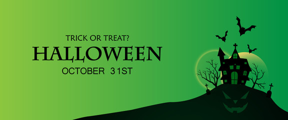 vector illustration of the haunted house dead tree and bats flying in the night sky.Halloween landscape.