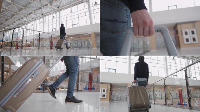 Collage multi camera portrait of Full length side portrait of smiling man walking in station with suitcase, tourist in airport terminal