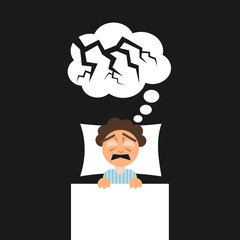 Nightmare - person is sleeping in the bed and having bad dream - spooky, frightening and horrifying vision during sleep. Vector illustration.