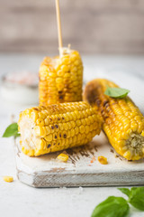 Grilled corn cobs with salt and spices on white background