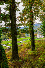 Elevated distant view of the Baroque parterre garden of Weilerbach Castle, Bollendorf, Rhineland-Palatinate, Germany