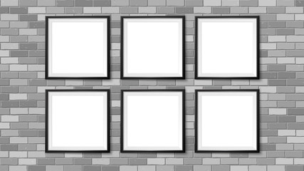 Frames gallery on brick wall. Empty framing for modern interior. Realistic vector mock up for posters, paintings, drawings, arts or photos.