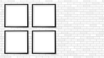 Frames gallery on brick wall. Empty framing for modern interior. Realistic vector mock up for posters, paintings, drawings, arts or photos.