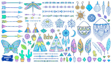 Boho doodles set. Ethnic. Tribal. Bohemian style. Feather. Arrows. Crystal. Macrame. Ornaments. Fashion. Trendy sketches collection. - obrazy, fototapety, plakaty