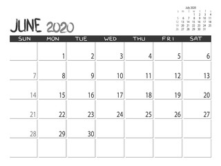 Calendar 2020 year. June 2020 planner. Desctop calendar design. Month planner. Grunge trendy background. Life or business planner. Place for notes. Printable template.