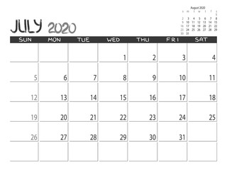Calendar 2020 year. July 2020 planner. Desctop calendar design. Month planner. Grunge trendy background. Life or business planner. Place for notes. Printable template.