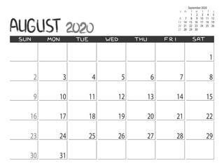 Calendar 2020 year. August 2020 planner. Desctop calendar design. Month planner. Grunge trendy background. Life or business planner. Place for notes. Printable template.