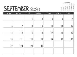 Calendar 2020 year. September 2020 planner. Desctop calendar design. Month planner. Grunge trendy background. Life or business planner. Place for notes. Printable template.