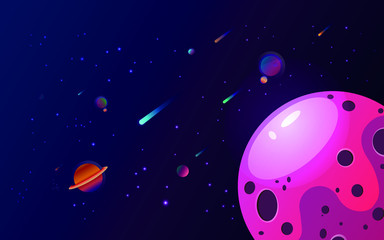 Naklejka premium Horizontal space background with comets, stars and planets. Vector illustration.