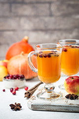 Spicy hot pumpkin punch or sangria in a glass with apple, cinnamon, anise. Halloween and Thanksgiving. Traditional autumn, winter drinks and cocktails