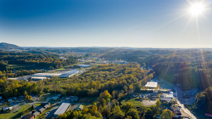 Aerial sunset during the fall in Ellijay Georgia at the Georgia Mountains with Sunrays